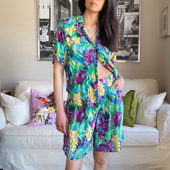 Pants - 2 piece botanical brushstroke printed short sleeve shirt and shorts set